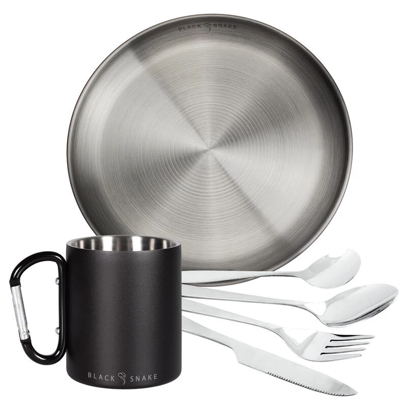 Camping Tasse Isotherme Mousqueton, Assiette Plate Et Couverts Set | Acier Inox 3 Camping Tasse Isotherme Mousqueton, Assiette Plate Et Couverts Set | Acier Inox